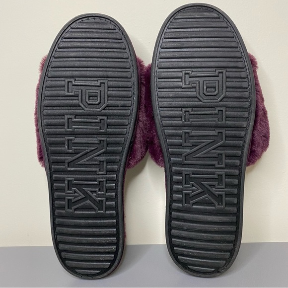 Pink Victorias Secret Slippers Purple Fuzzy Slides Silver Dog Logo Medium SZ 7-8 - Picture 4 of 9